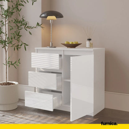 MIKEL - Kommode / Sideboard mit 3 Schubladen und 1 Tür - Weiß Matt / Weiß Gloss H75cm B80cm T35cm – Furnica