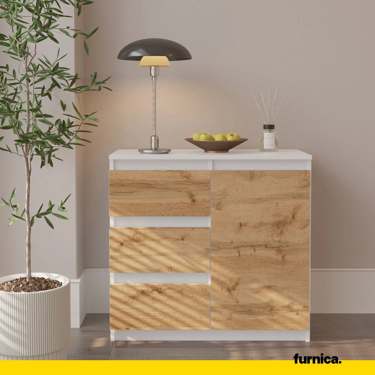 MIKEL - Kommode / Sideboard mit 3 Schubladen und 1 Tür - Weiß Matt / Wotan Eiche H75cm B80cm T35cm – Furnica
