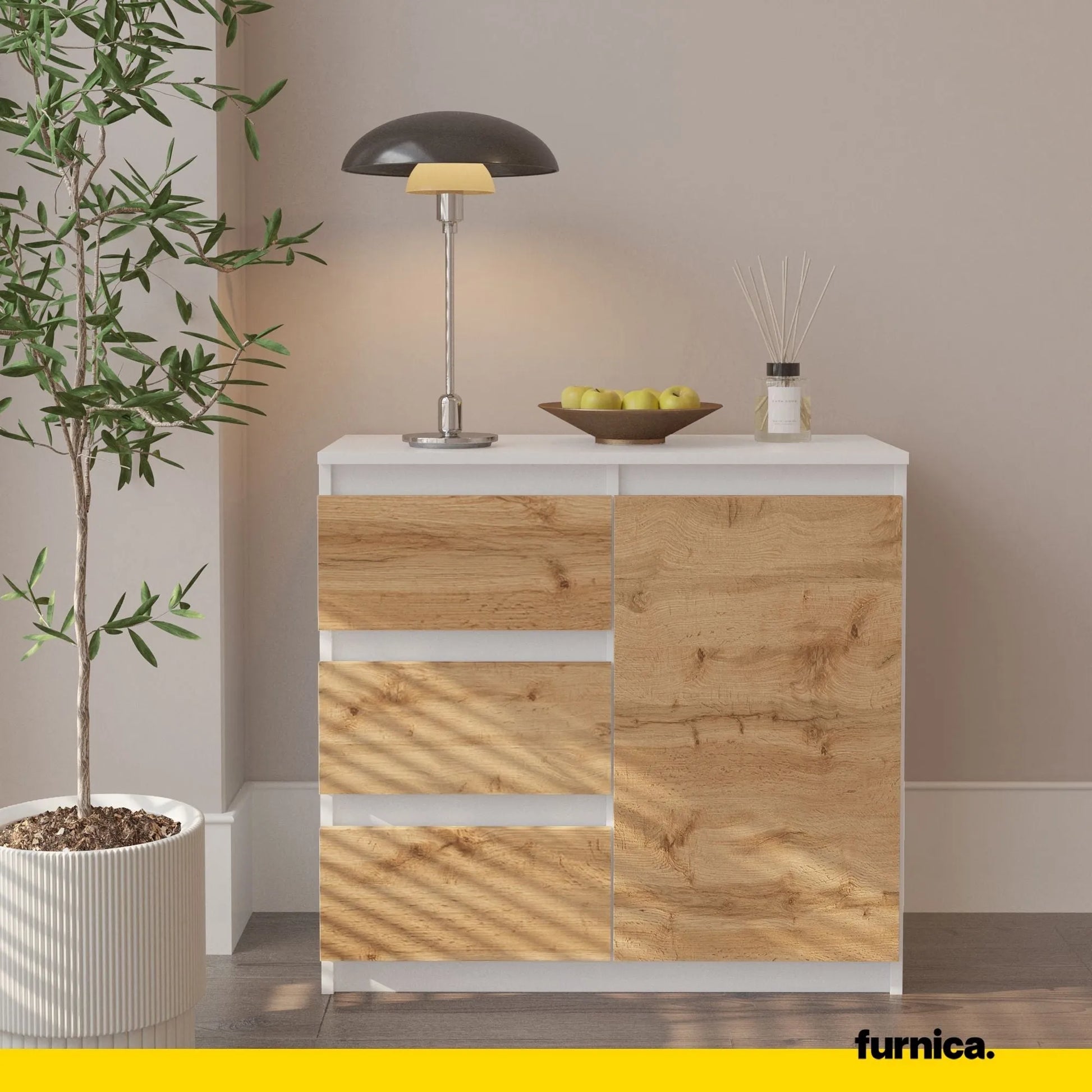 MIKEL - Kommode / Sideboard mit 3 Schubladen und 1 Tür - Weiß Matt / Wotan Eiche H75cm B80cm T35cm – Furnica