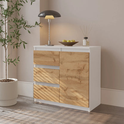 MIKEL - Kommode / Sideboard mit 3 Schubladen und 1 Tür - Weiß Matt / Wotan Eiche H75cm B80cm T35cm – Furnica