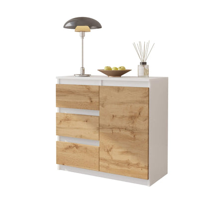 MIKEL - Kommode / Sideboard mit 3 Schubladen und 1 Tür - Weiß Matt / Wotan Eiche H75cm B80cm T35cm – Furnica
