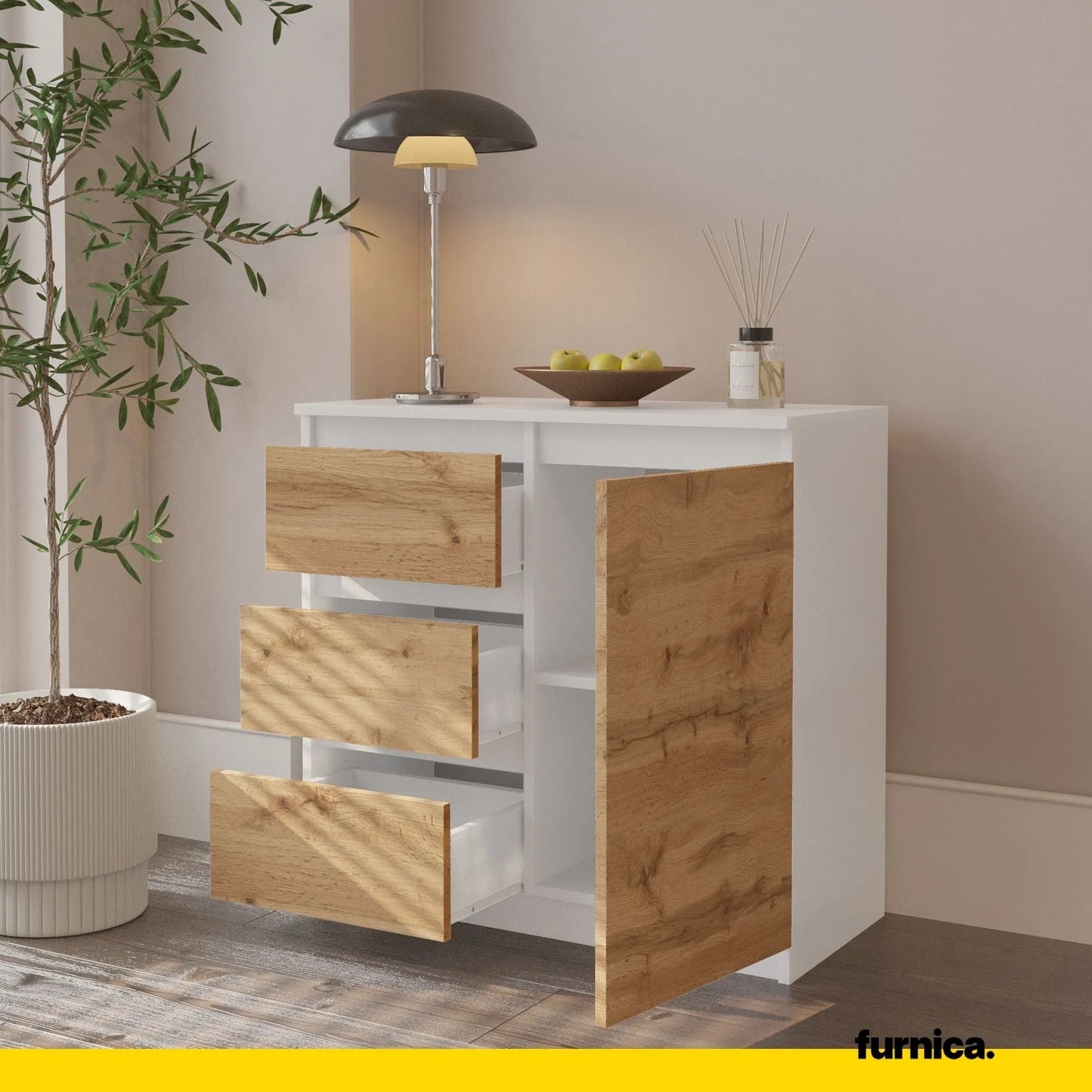 MIKEL - Kommode / Sideboard mit 3 Schubladen und 1 Tür - Weiß Matt / Wotan Eiche H75cm B80cm T35cm – Furnica