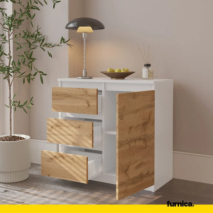 MIKEL - Kommode / Sideboard mit 3 Schubladen und 1 Tür - Weiß Matt / Wotan Eiche H75cm B80cm T35cm – Furnica