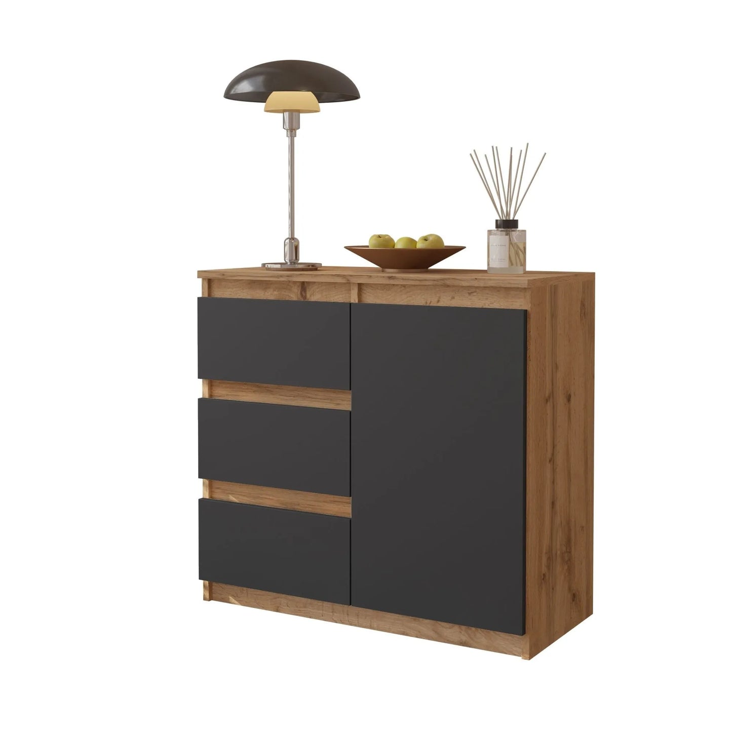 MIKEL - Kommode / Sideboard mit 3 Schubladen und 1 Tür - Wotan Eiche / Anthrazit Grau H75cm B80cm T35cm – Furnica