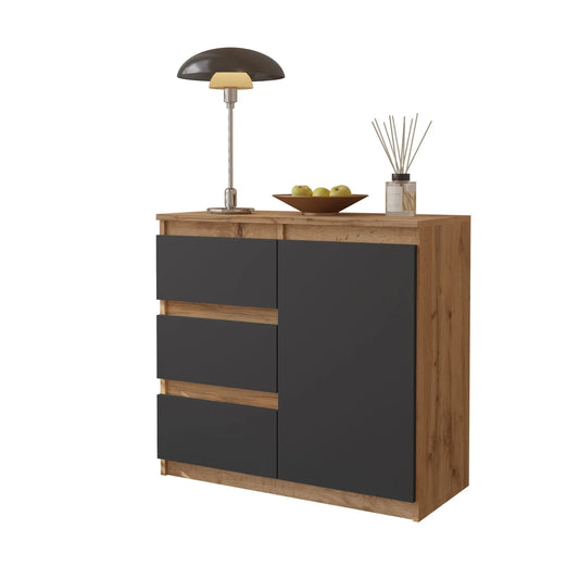 MIKEL - Kommode / Sideboard mit 3 Schubladen und 1 Tür - Wotan Eiche / Anthrazit Grau H75cm B80cm T35cm – Furnica