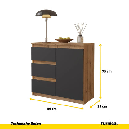 MIKEL - Kommode / Sideboard mit 3 Schubladen und 1 Tür - Wotan Eiche / Anthrazit Grau H75cm B80cm T35cm – Furnica