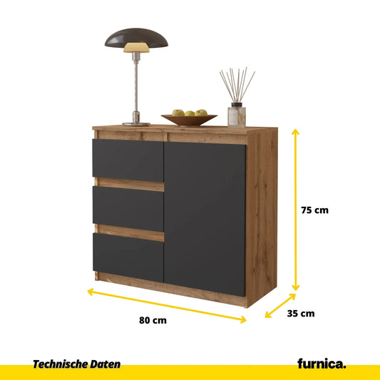 MIKEL - Kommode / Sideboard mit 3 Schubladen und 1 Tür - Wotan Eiche / Anthrazit Grau H75cm B80cm T35cm – Furnica