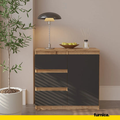 MIKEL - Kommode / Sideboard mit 3 Schubladen und 1 Tür - Wotan Eiche / Anthrazit Grau H75cm B80cm T35cm – Furnica