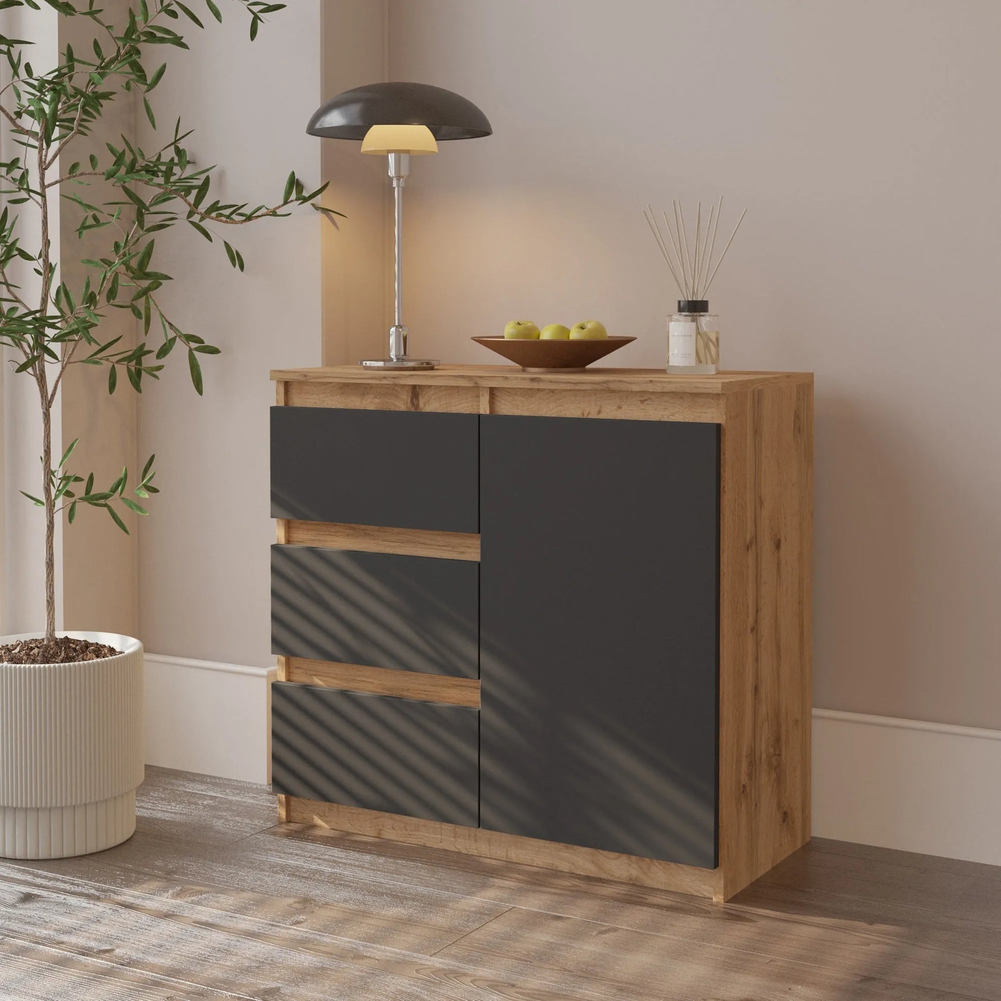 MIKEL - Kommode / Sideboard mit 3 Schubladen und 1 Tür - Wotan Eiche / Anthrazit Grau H75cm B80cm T35cm – Furnica