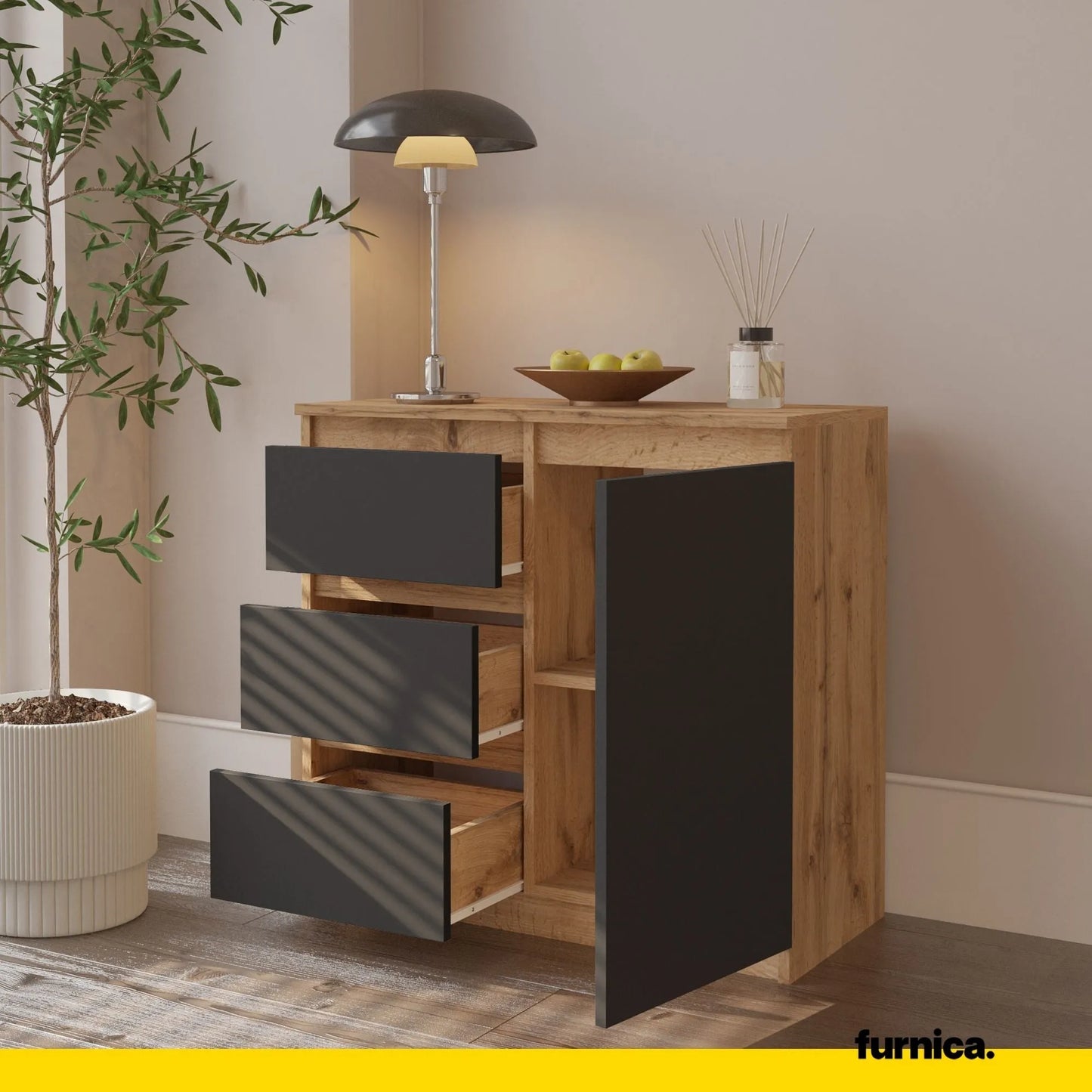 MIKEL - Kommode / Sideboard mit 3 Schubladen und 1 Tür - Wotan Eiche / Anthrazit Grau H75cm B80cm T35cm – Furnica