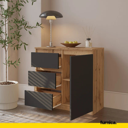 MIKEL - Kommode / Sideboard mit 3 Schubladen und 1 Tür - Wotan Eiche / Anthrazit Grau H75cm B80cm T35cm – Furnica