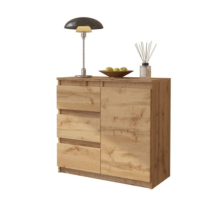 MIKEL - Kommode / Sideboard mit 3 Schubladen und 1 Tür - Wotan Eiche H75cm B80cm T35cm – Furnica