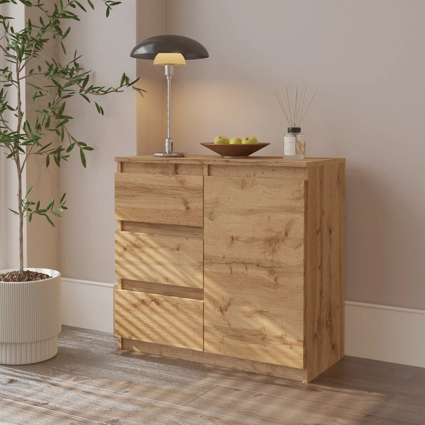 MIKEL - Kommode / Sideboard mit 3 Schubladen und 1 Tür - Wotan Eiche H75cm B80cm T35cm – Furnica