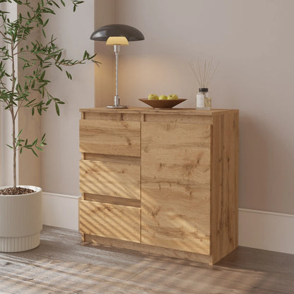 MIKEL - Kommode / Sideboard mit 3 Schubladen und 1 Tür - Wotan Eiche H75cm B80cm T35cm – Furnica
