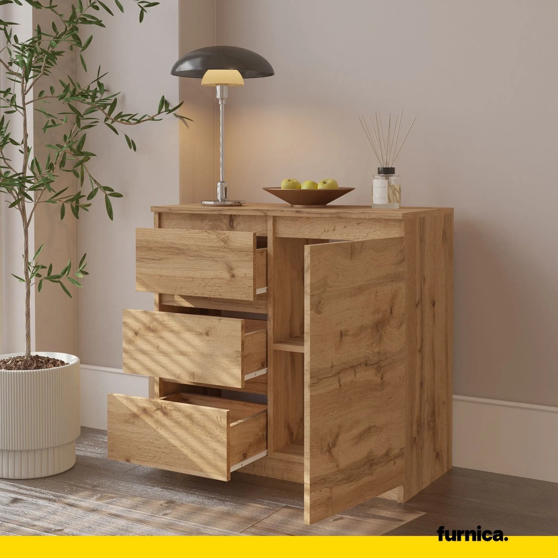 MIKEL - Kommode / Sideboard mit 3 Schubladen und 1 Tür - Wotan Eiche H75cm B80cm T35cm – Furnica