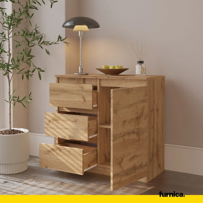MIKEL - Kommode / Sideboard mit 3 Schubladen und 1 Tür - Wotan Eiche H75cm B80cm T35cm – Furnica