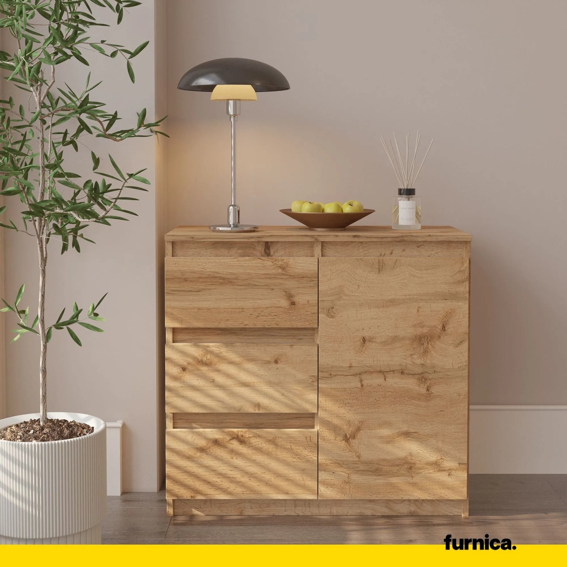 MIKEL - Kommode / Sideboard mit 3 Schubladen und 1 Tür - Wotan Eiche H75cm B80cm T35cm – Furnica