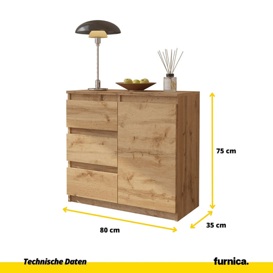 MIKEL - Kommode / Sideboard mit 3 Schubladen und 1 Tür - Wotan Eiche H75cm B80cm T35cm – Furnica