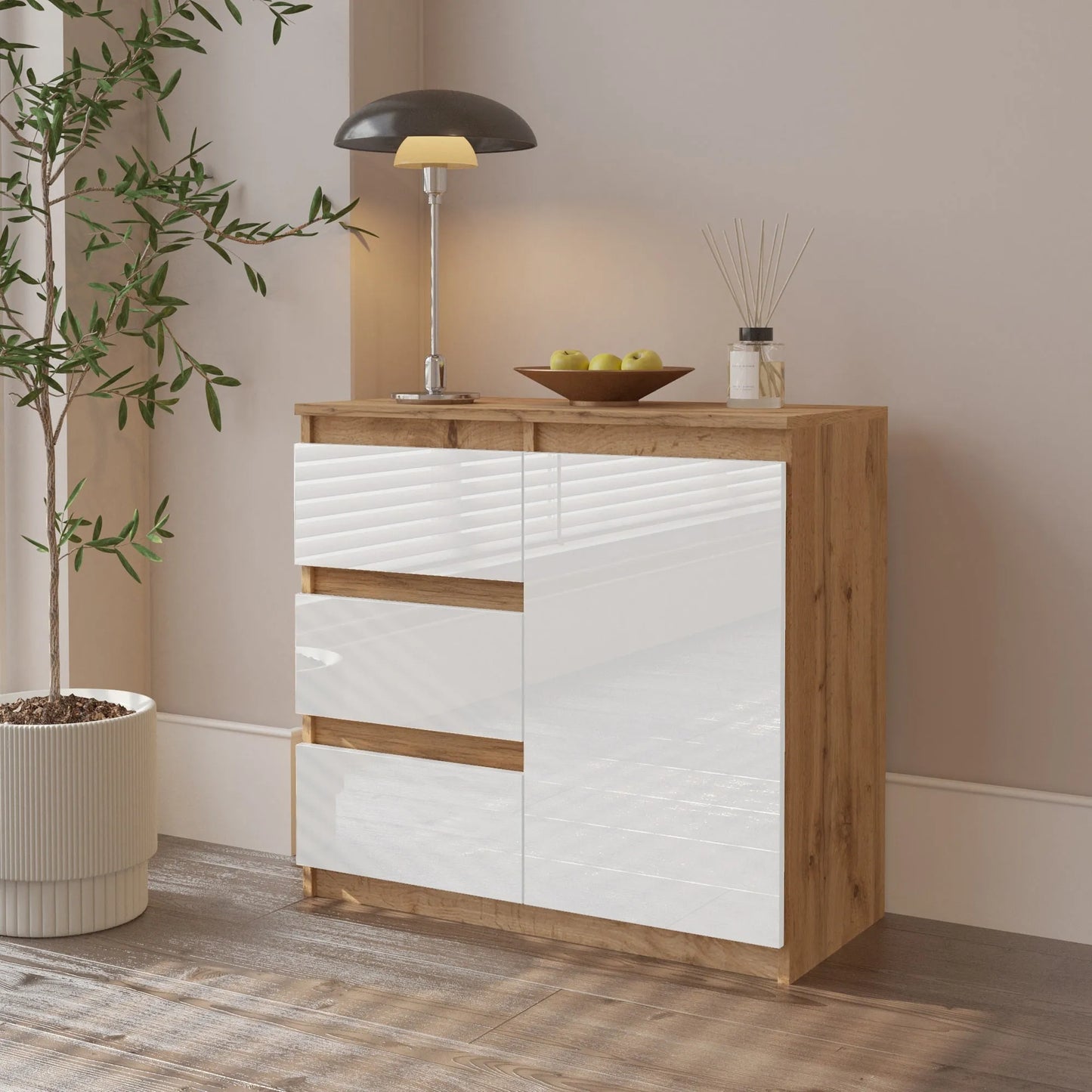 MIKEL - Kommode / Sideboard mit 3 Schubladen und 1 Tür - Wotan Eiche / Weiß Gloss H75cm B80cm T35cm – Furnica