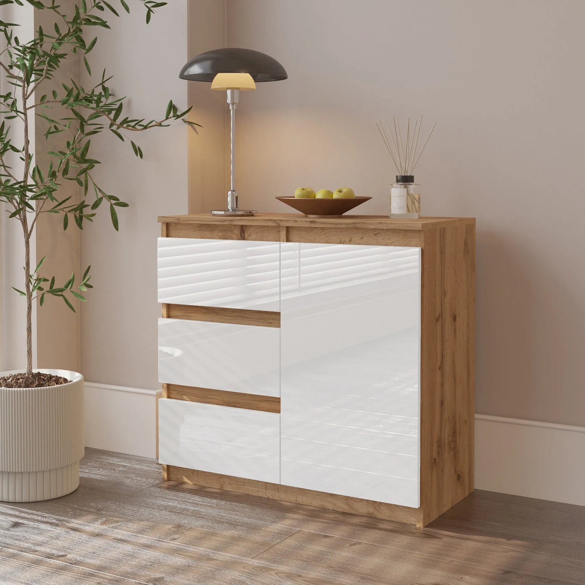 MIKEL - Kommode / Sideboard mit 3 Schubladen und 1 Tür - Wotan Eiche / Weiß Gloss H75cm B80cm T35cm – Furnica
