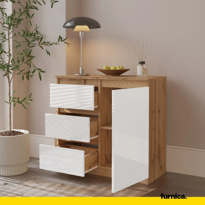 MIKEL - Kommode / Sideboard mit 3 Schubladen und 1 Tür - Wotan Eiche / Weiß Gloss H75cm B80cm T35cm – Furnica