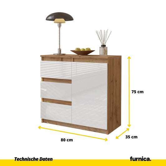 MIKEL - Kommode / Sideboard mit 3 Schubladen und 1 Tür - Wotan Eiche / Weiß Gloss H75cm B80cm T35cm – Furnica
