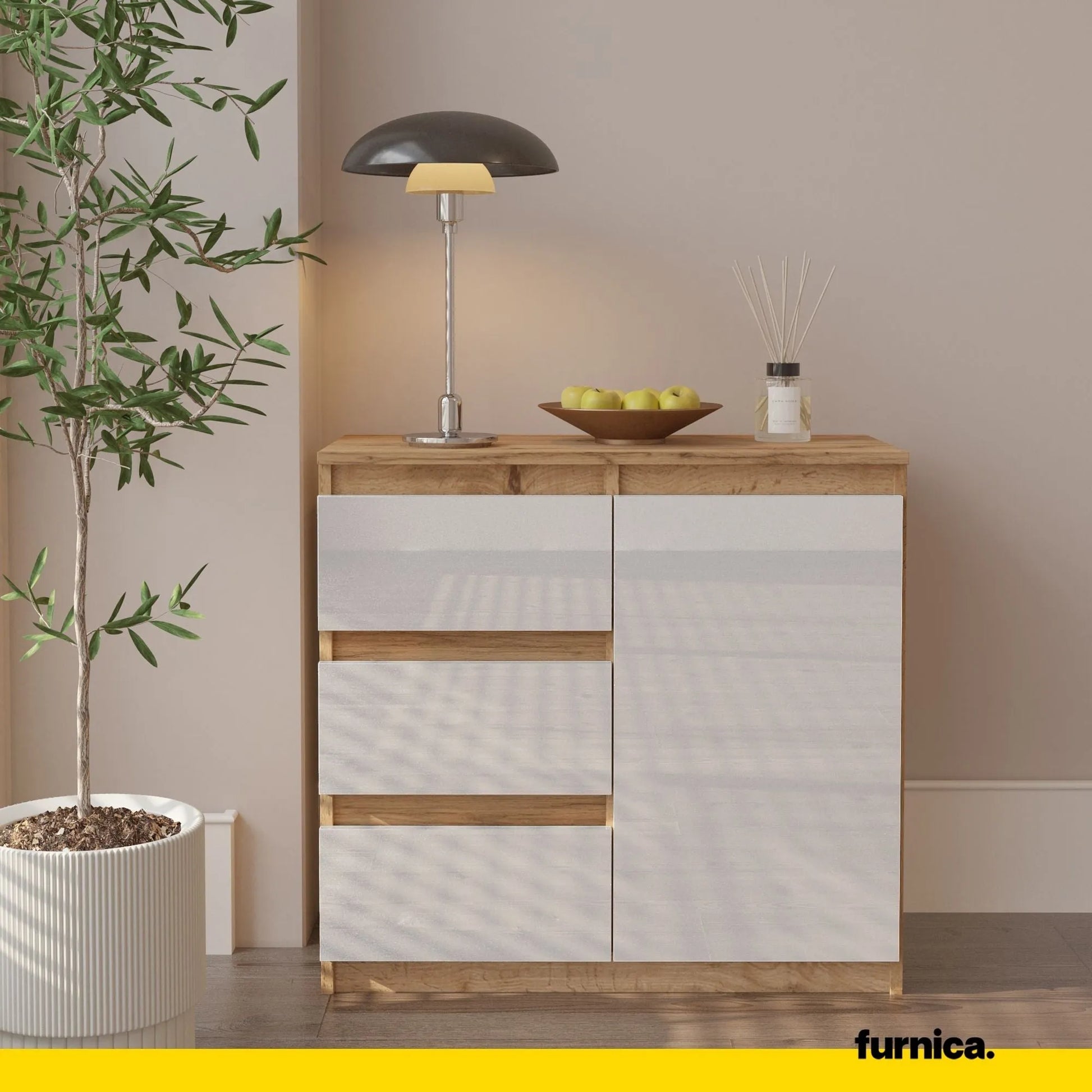 MIKEL - Kommode / Sideboard mit 3 Schubladen und 1 Tür - Wotan Eiche / Weiß Gloss H75cm B80cm T35cm – Furnica