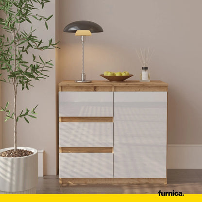 MIKEL - Kommode / Sideboard mit 3 Schubladen und 1 Tür - Wotan Eiche / Weiß Gloss H75cm B80cm T35cm – Furnica