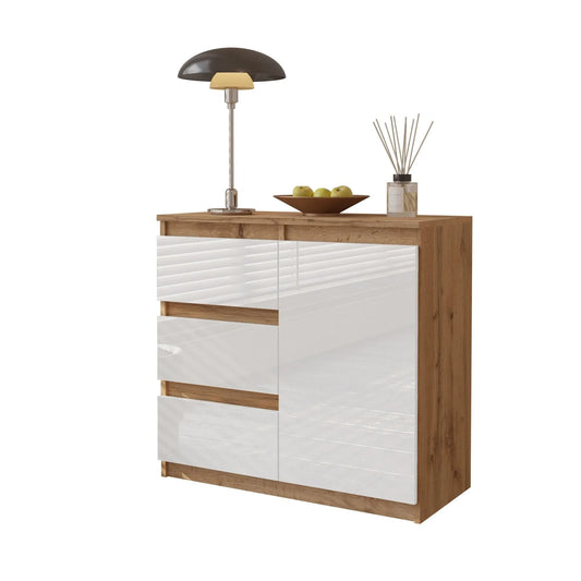 MIKEL - Kommode / Sideboard mit 3 Schubladen und 1 Tür - Wotan Eiche / Weiß Gloss H75cm B80cm T35cm – Furnica
