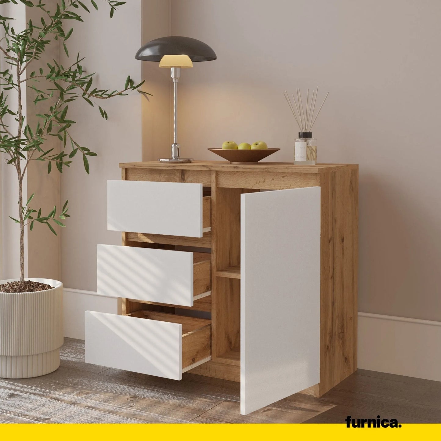 MIKEL - Kommode / Sideboard mit 3 Schubladen und 1 Tür - Wotan Eiche / Weiß Matt H75cm B80cm T35cm – Furnica