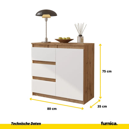 MIKEL - Kommode / Sideboard mit 3 Schubladen und 1 Tür - Wotan Eiche / Weiß Matt H75cm B80cm T35cm – Furnica