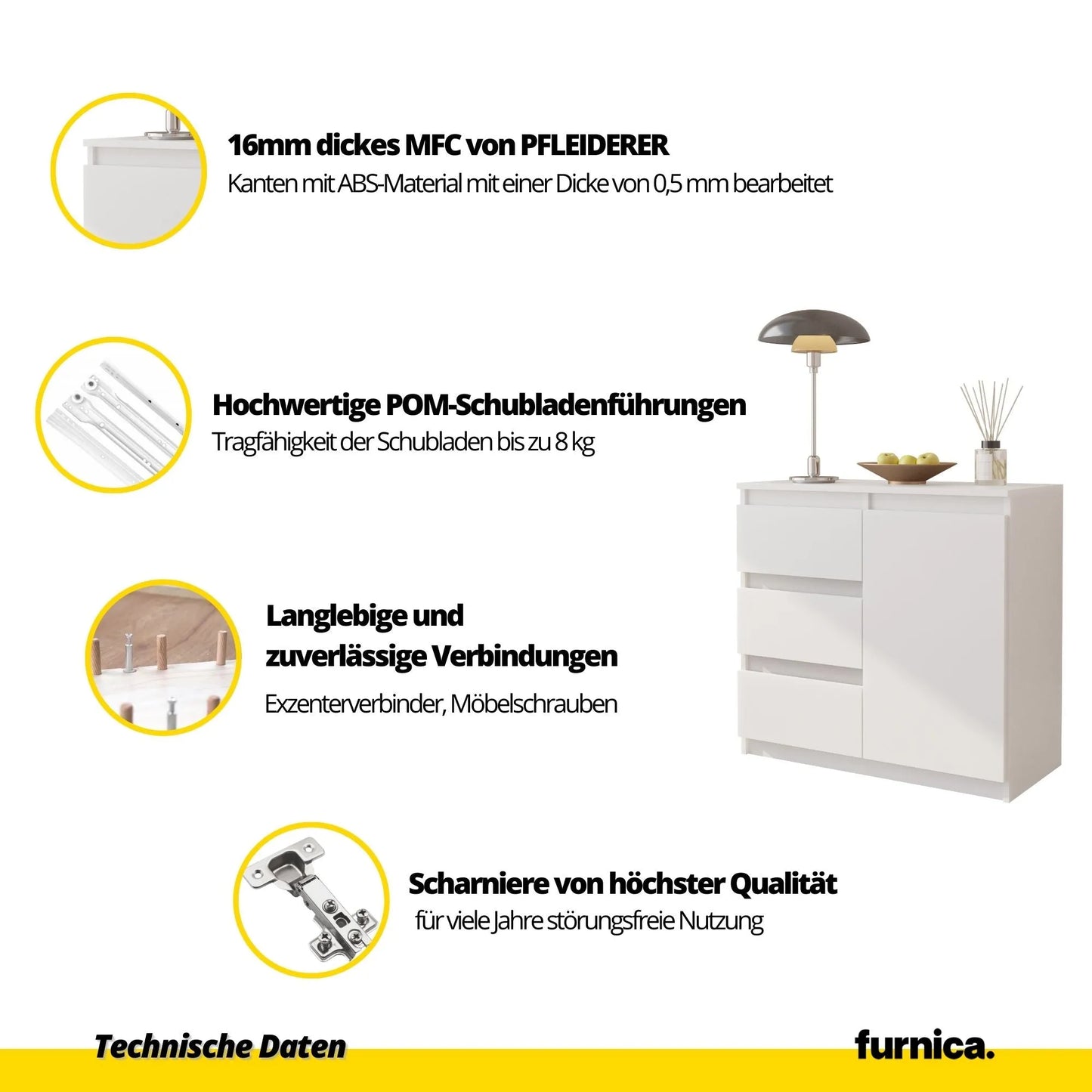 MIKEL - Kommode / Sideboard mit 3 Schubladen und 1 Tür - Wotan Eiche / Weiß Matt H75cm B80cm T35cm – Furnica