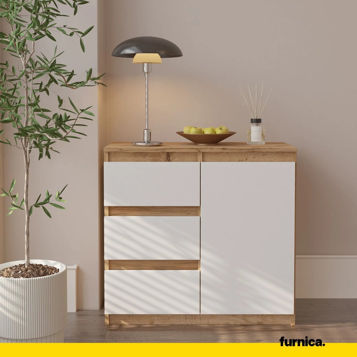 MIKEL - Kommode / Sideboard mit 3 Schubladen und 1 Tür - Wotan Eiche / Weiß Matt H75cm B80cm T35cm – Furnica