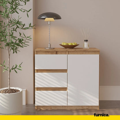 MIKEL - Kommode / Sideboard mit 3 Schubladen und 1 Tür - Wotan Eiche / Weiß Matt H75cm B80cm T35cm – Furnica