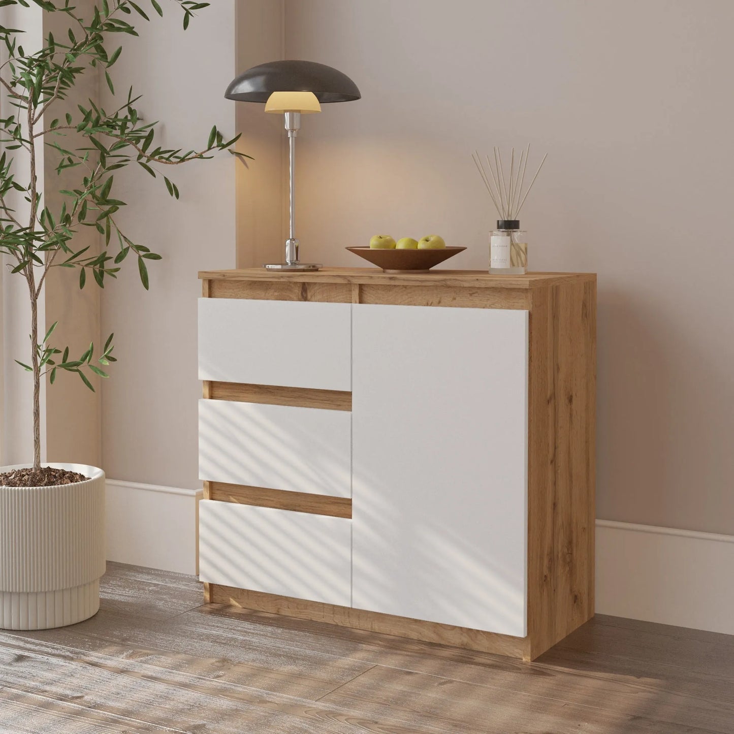 MIKEL - Kommode / Sideboard mit 3 Schubladen und 1 Tür - Wotan Eiche / Weiß Matt H75cm B80cm T35cm – Furnica