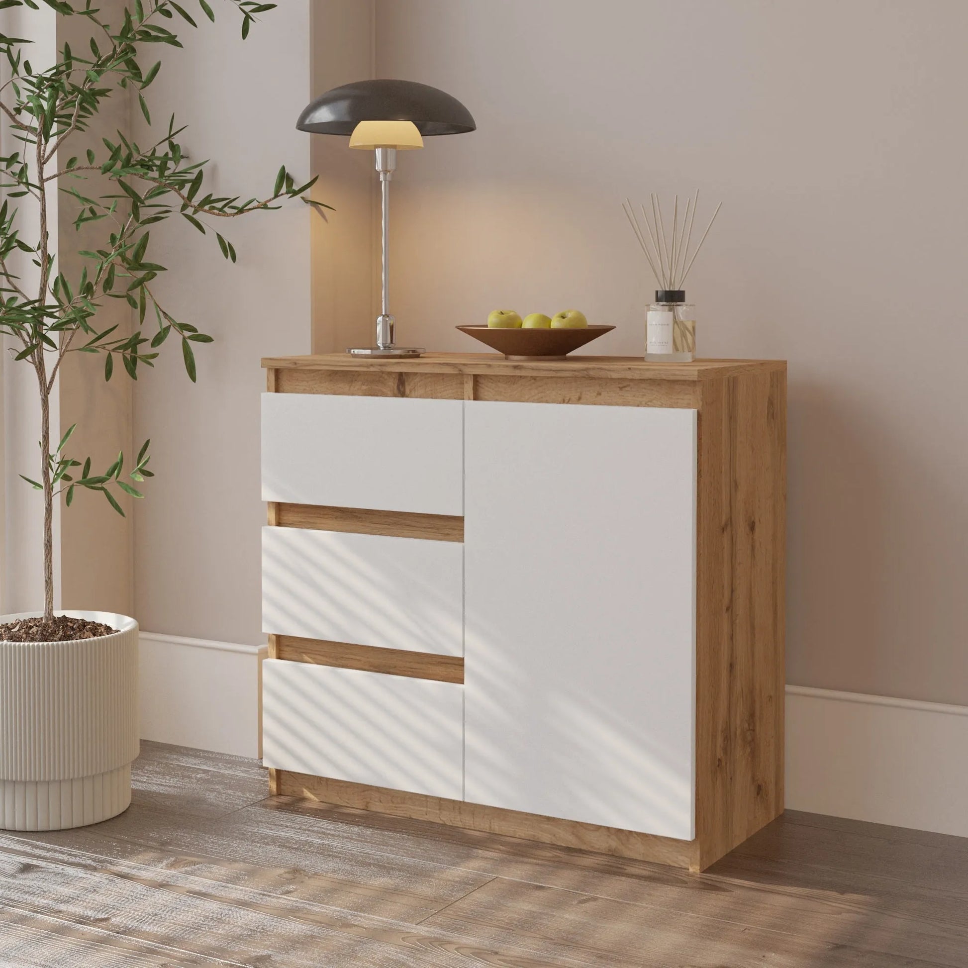 MIKEL - Kommode / Sideboard mit 3 Schubladen und 1 Tür - Wotan Eiche / Weiß Matt H75cm B80cm T35cm – Furnica