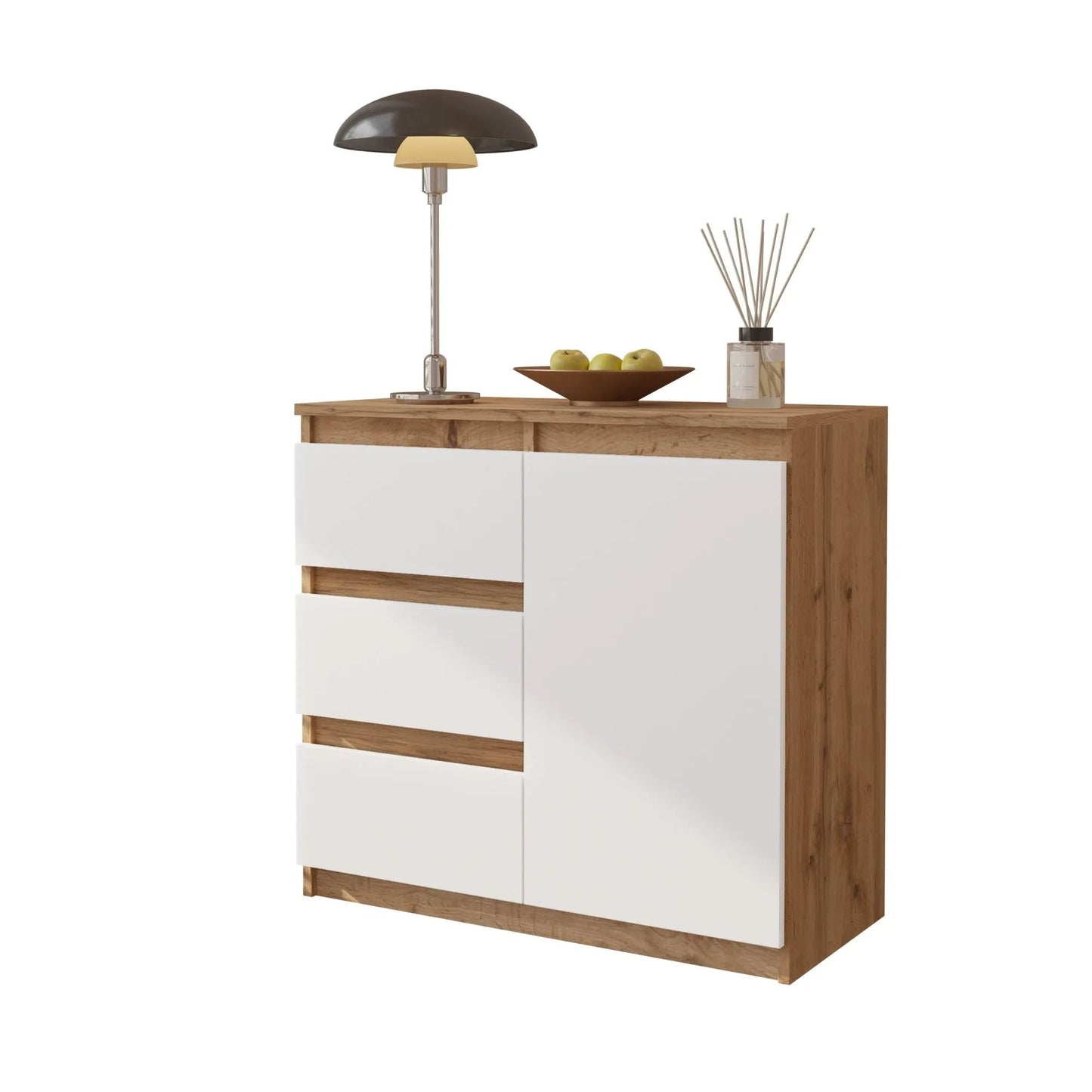 MIKEL - Kommode / Sideboard mit 3 Schubladen und 1 Tür - Wotan Eiche / Weiß Matt H75cm B80cm T35cm – Furnica
