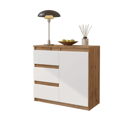MIKEL - Kommode / Sideboard mit 3 Schubladen und 1 Tür - Wotan Eiche / Weiß Matt H75cm B80cm T35cm – Furnica