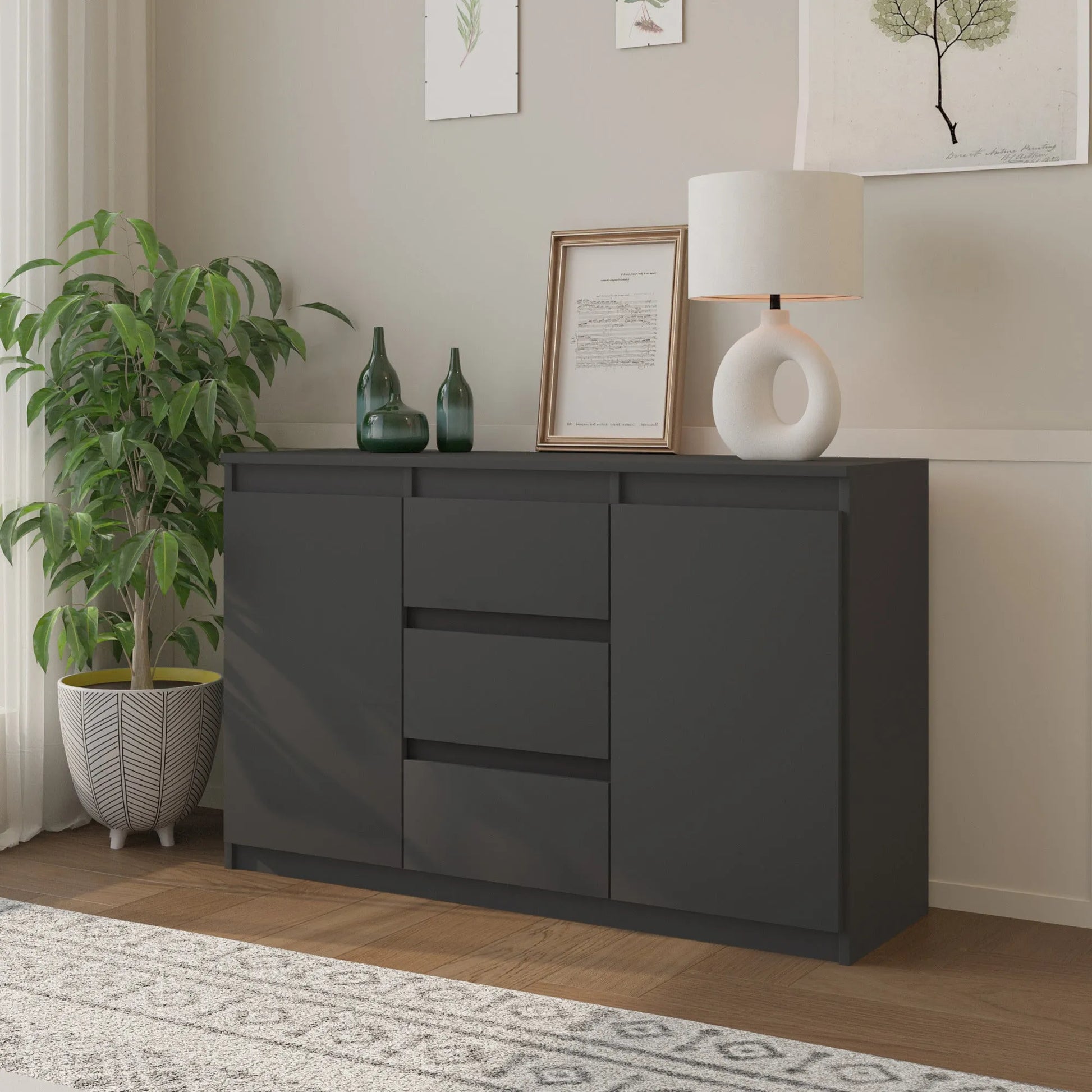 MIKEL - Kommode / Sideboard mit 3 Schubladen und 2 Türen - Anthrazit Grau H75cm B120cm T35cm – Furnica