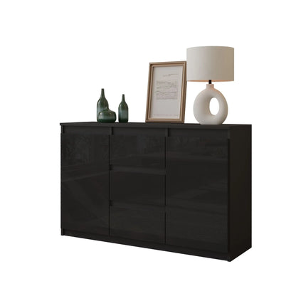 MIKEL - Kommode / Sideboard mit 3 Schubladen und 2 Türen - Anthrazit Grau / Schwarz Gloss H75cm B120cm T35cm – Furnica
