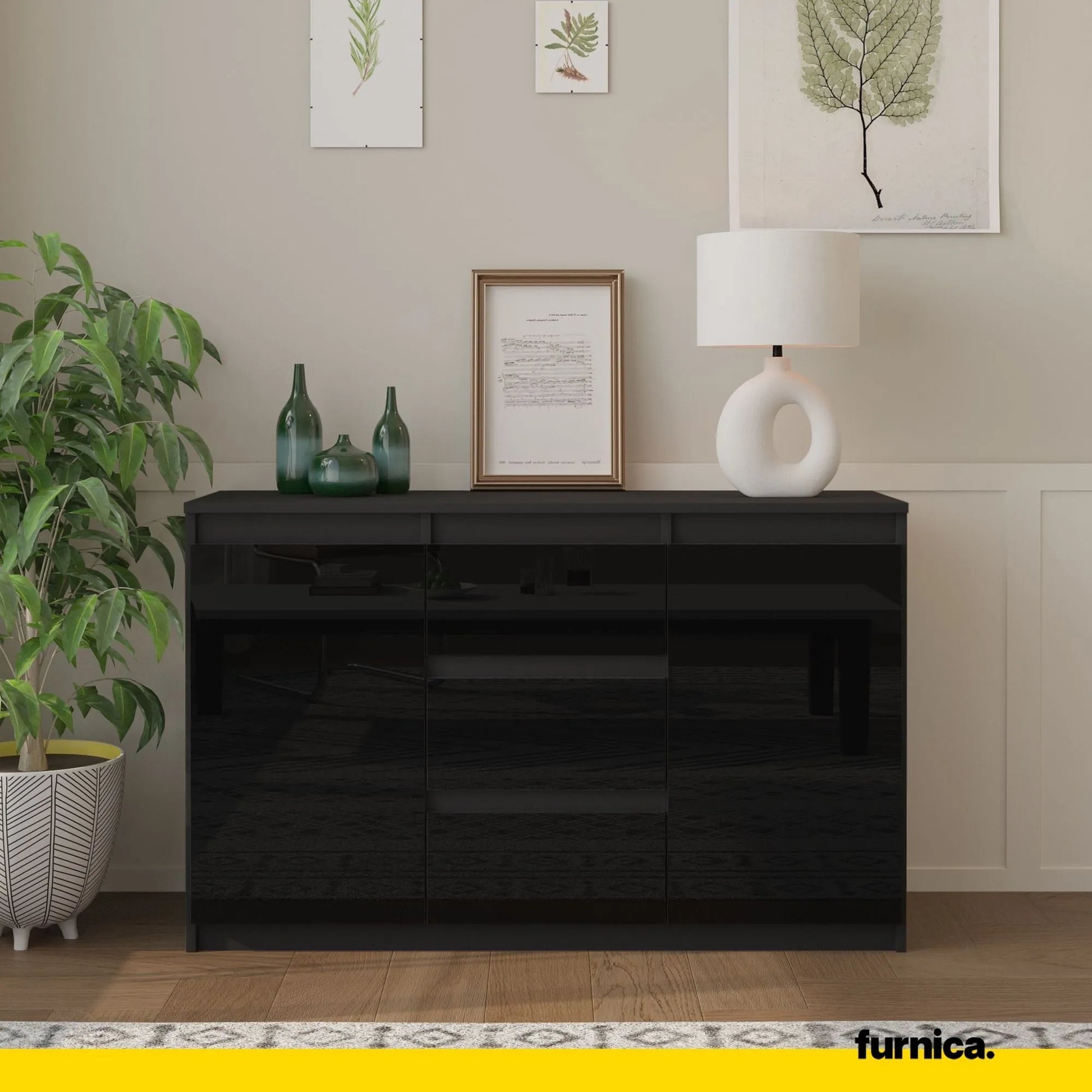 MIKEL - Kommode / Sideboard mit 3 Schubladen und 2 Türen - Anthrazit Grau / Schwarz Gloss H75cm B120cm T35cm – Furnica