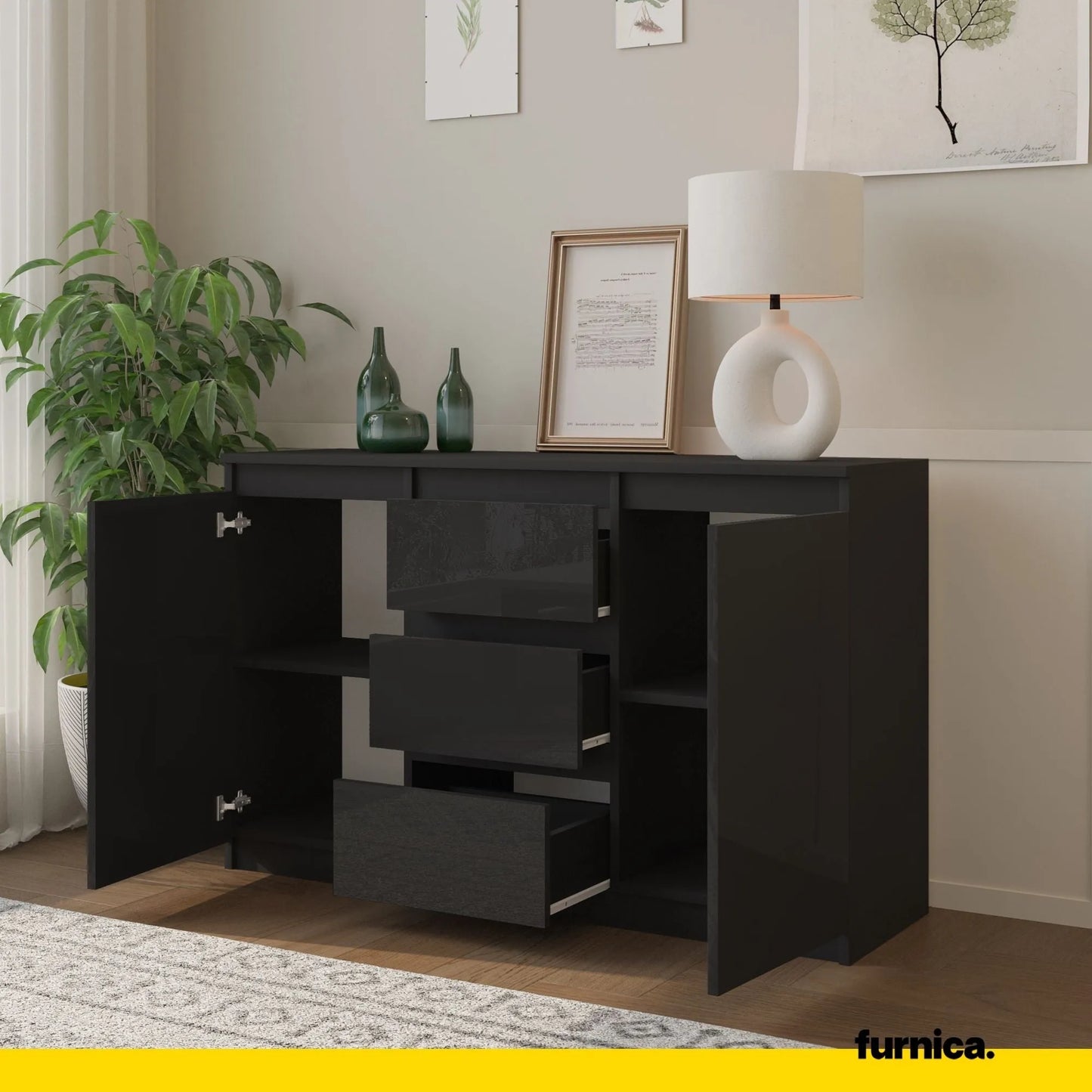 MIKEL - Kommode / Sideboard mit 3 Schubladen und 2 Türen - Anthrazit Grau / Schwarz Gloss H75cm B120cm T35cm – Furnica