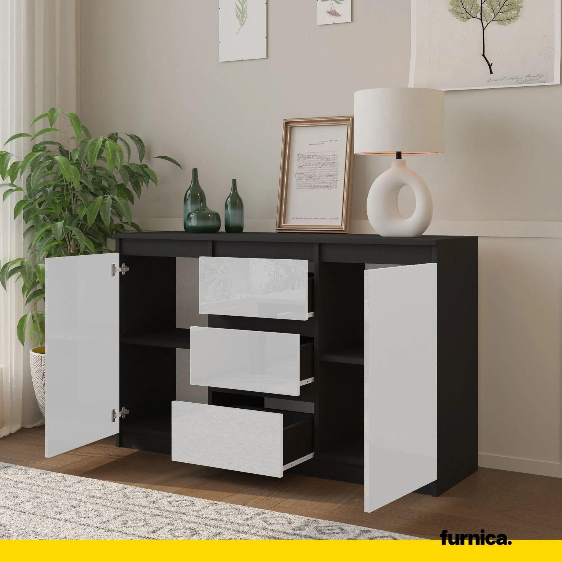 MIKEL - Kommode / Sideboard mit 3 Schubladen und 2 Türen - Anthrazit Grau / Weiß Gloss H75cm B120cm T35cm – Furnica