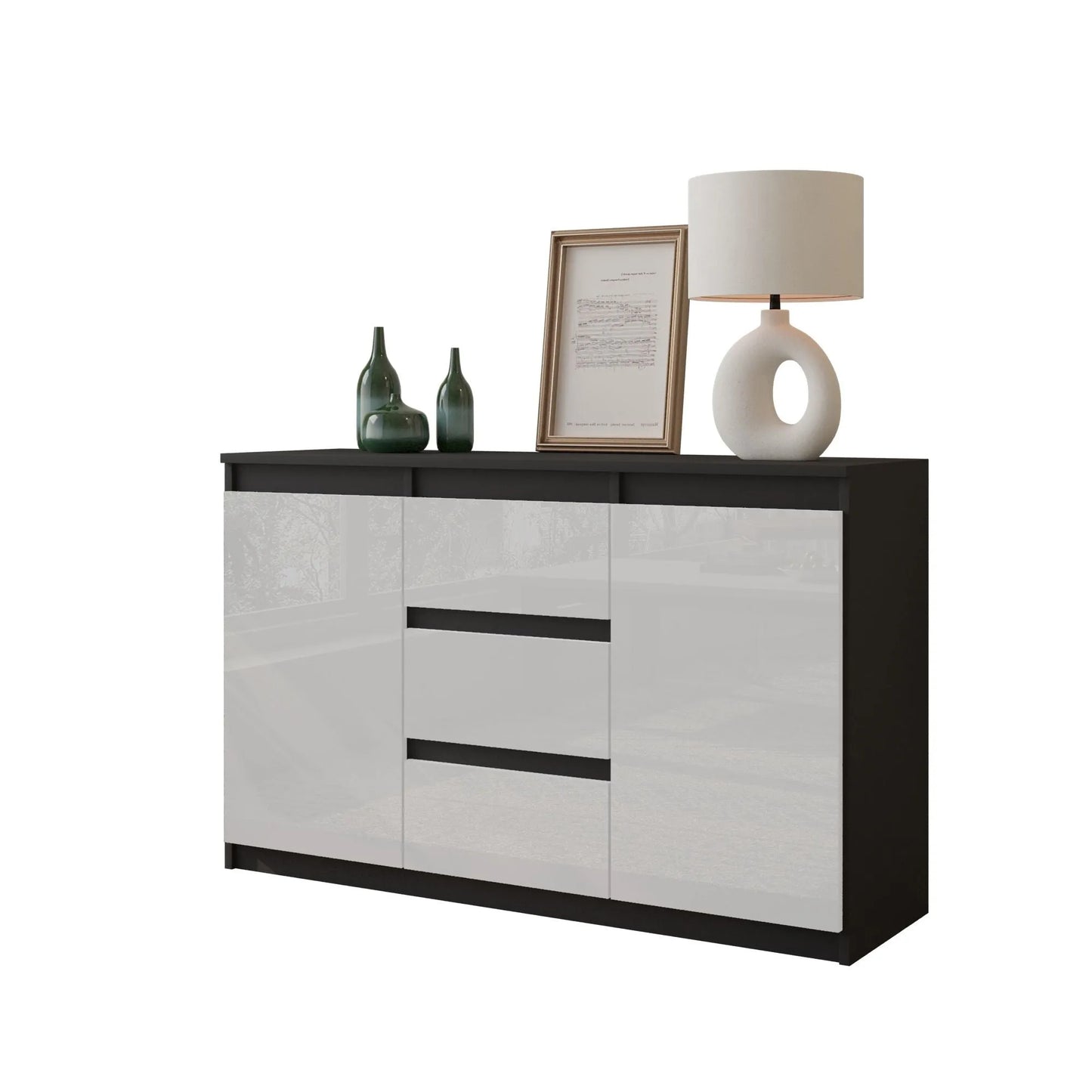 MIKEL - Kommode / Sideboard mit 3 Schubladen und 2 Türen - Anthrazit Grau / Weiß Gloss H75cm B120cm T35cm – Furnica