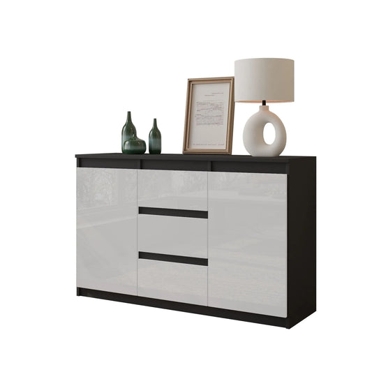 MIKEL - Kommode / Sideboard mit 3 Schubladen und 2 Türen - Anthrazit Grau / Weiß Gloss H75cm B120cm T35cm – Furnica