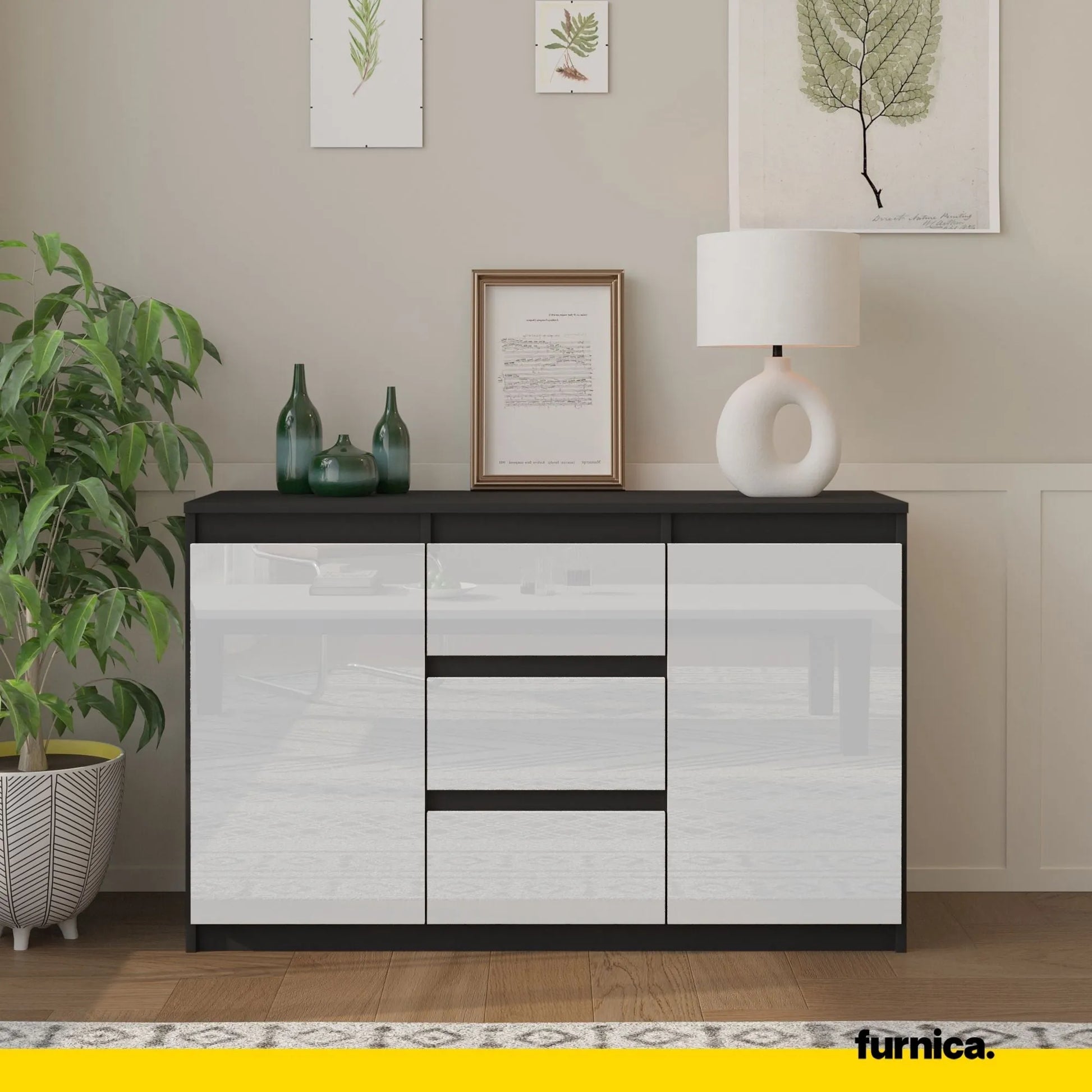 MIKEL - Kommode / Sideboard mit 3 Schubladen und 2 Türen - Anthrazit Grau / Weiß Gloss H75cm B120cm T35cm – Furnica