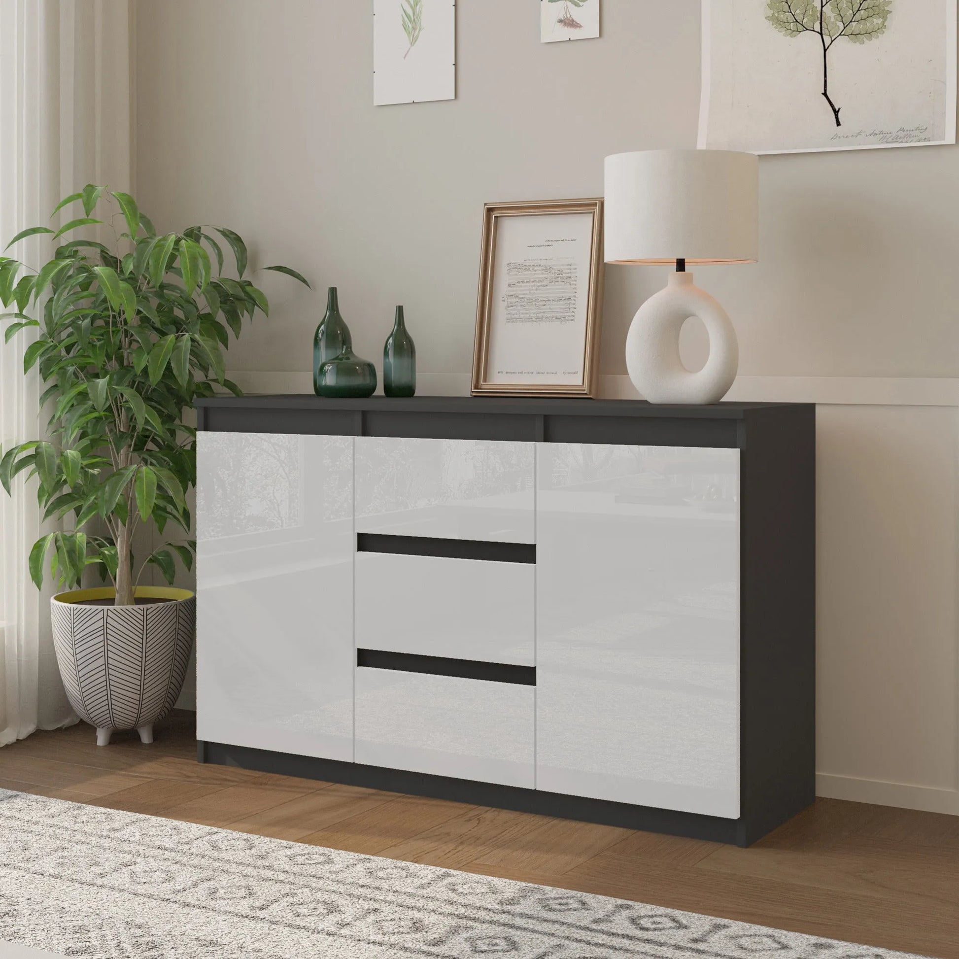 MIKEL - Kommode / Sideboard mit 3 Schubladen und 2 Türen - Anthrazit Grau / Weiß Gloss H75cm B120cm T35cm – Furnica