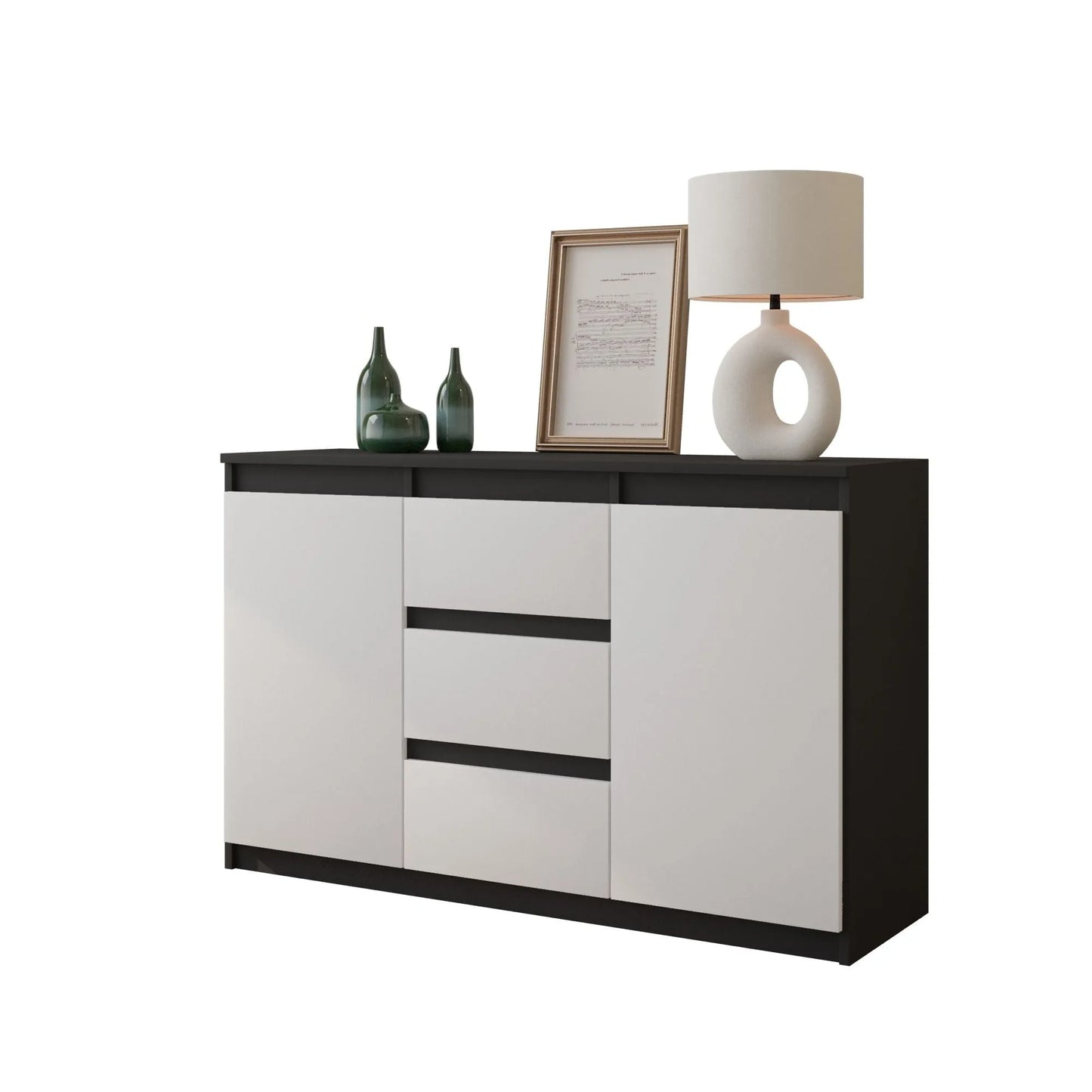 MIKEL - Kommode / Sideboard mit 3 Schubladen und 2 Türen - Anthrazit Grau / Weiß Matt H75cm B120cm T35cm – Furnica