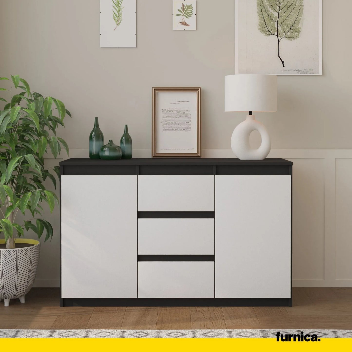MIKEL - Kommode / Sideboard mit 3 Schubladen und 2 Türen - Anthrazit Grau / Weiß Matt H75cm B120cm T35cm – Furnica