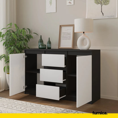 MIKEL - Kommode / Sideboard mit 3 Schubladen und 2 Türen - Anthrazit Grau / Weiß Matt H75cm B120cm T35cm – Furnica